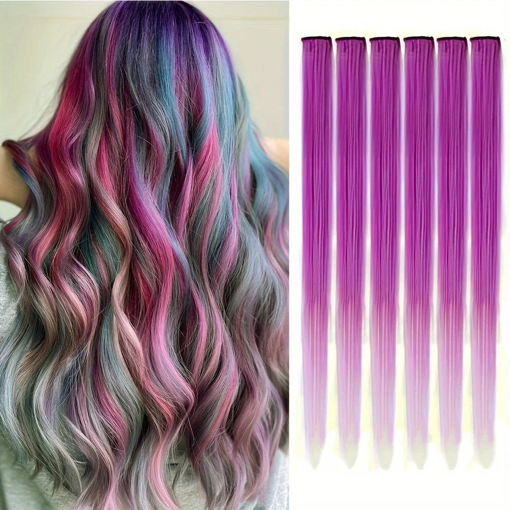 Synthetic clip-in hair highlights, 22-inch pastel purple and teal wavy strands with clip bases.
