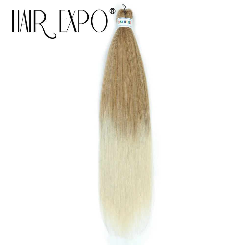 Synthetic braiding hair extension bundle, light blonde to white ombre tips, looped top.