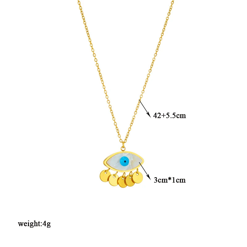 Eye pendant choker necklace, gold chain with blue evil-eye pendant and layered gold drops