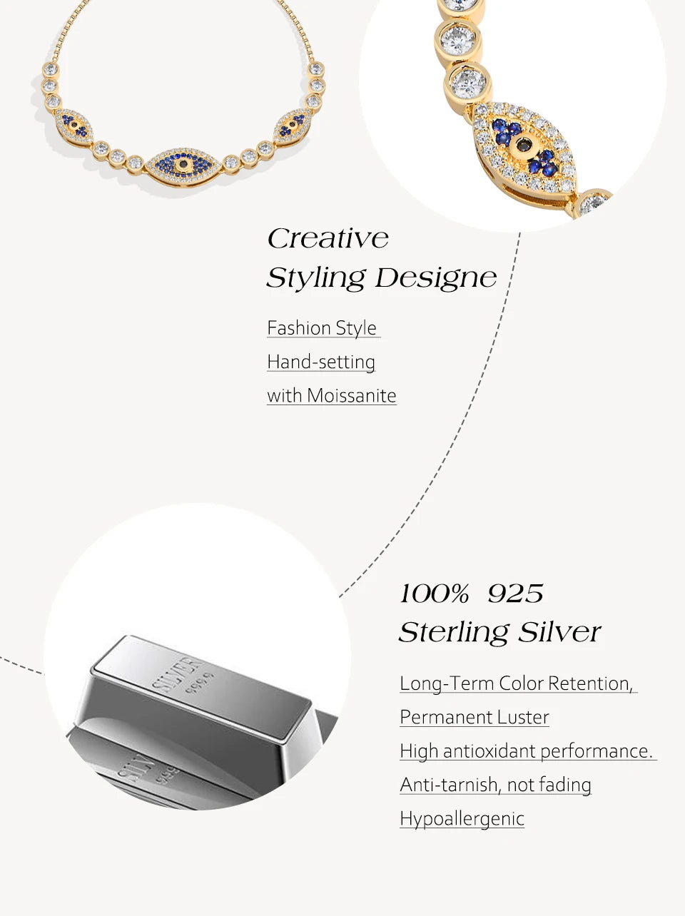 Gold-tone evil eye bracelet with blue enamel oval and round crystal bead details