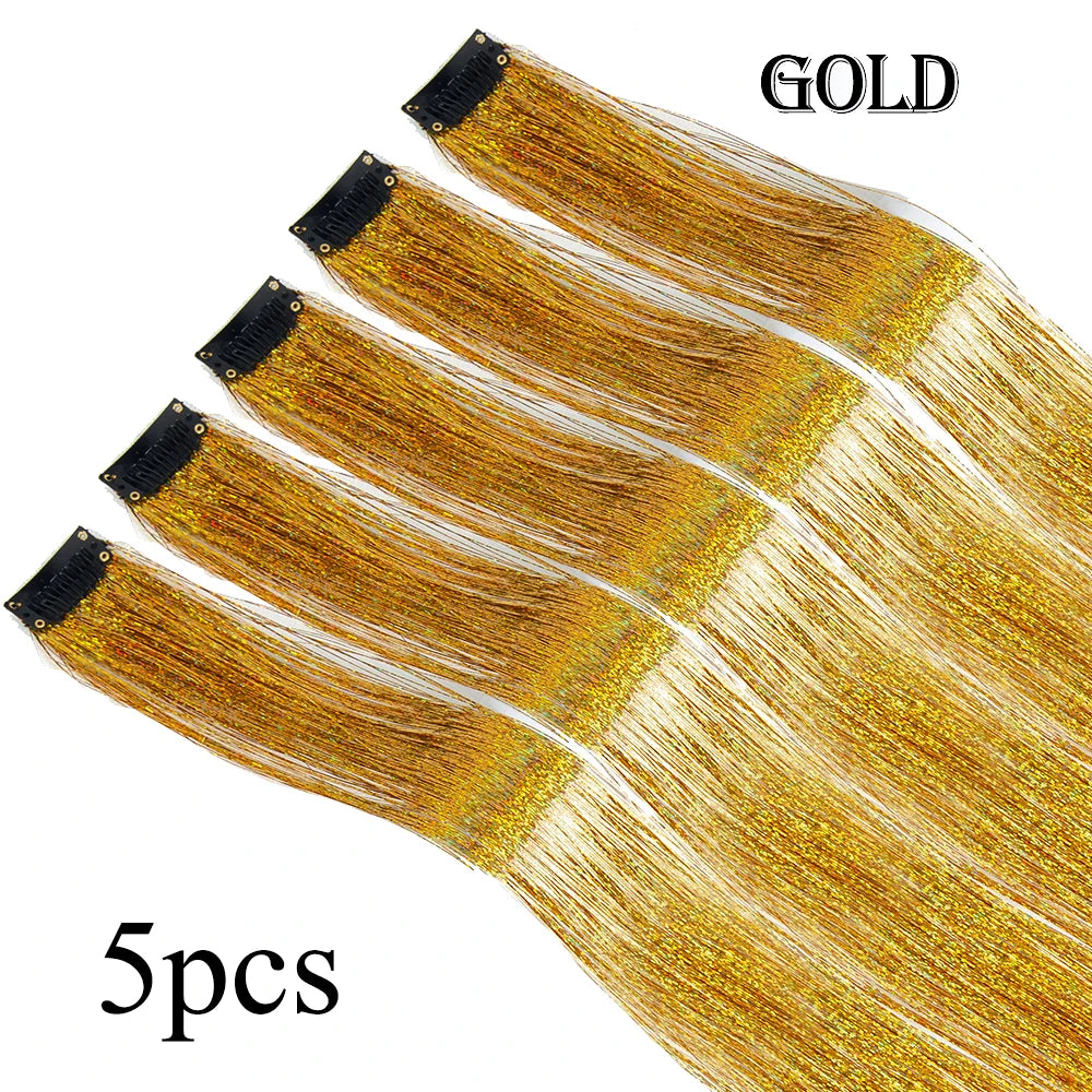 Gold hair tinsel extensions set with clip-on strands, 5 pieces