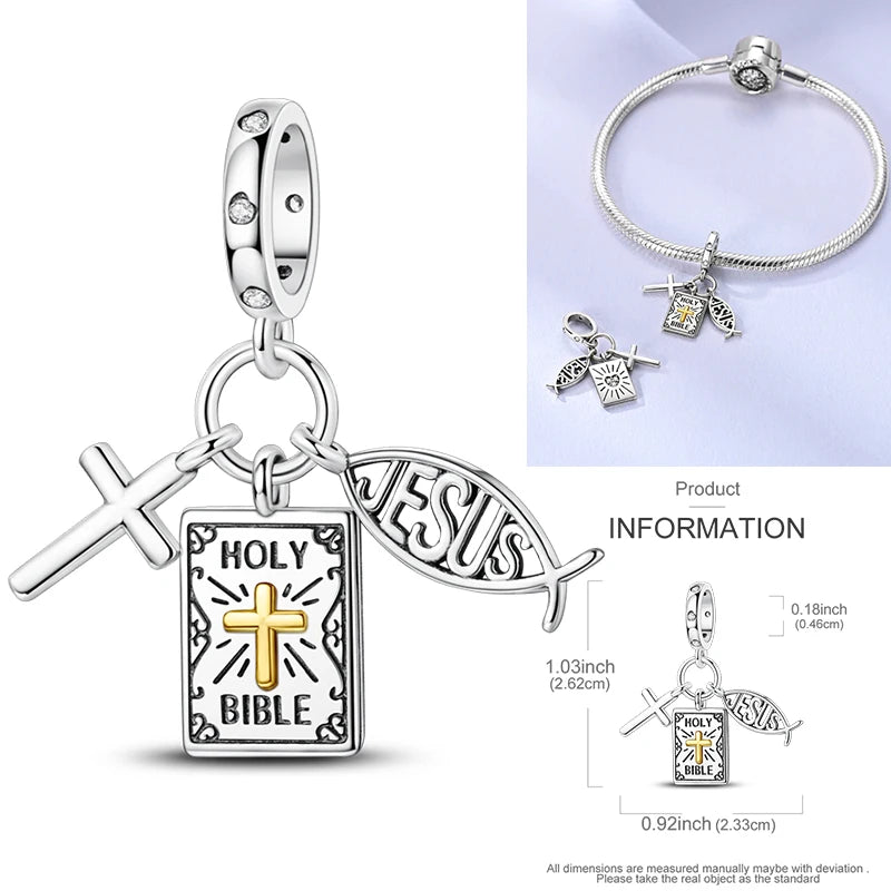 Sterling silver cross and holy bible charm with dangling center pendant