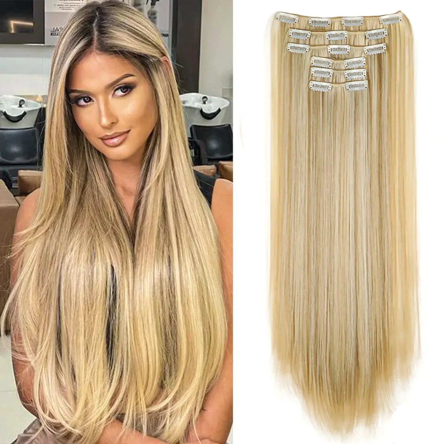 Light blonde straight clip-in hair extension weft with metal clips, long length