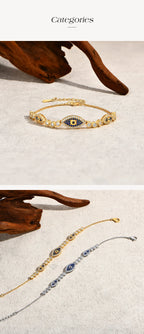 Evil eye bracelet with blue circular eye charm, gold-tone chain and clasp