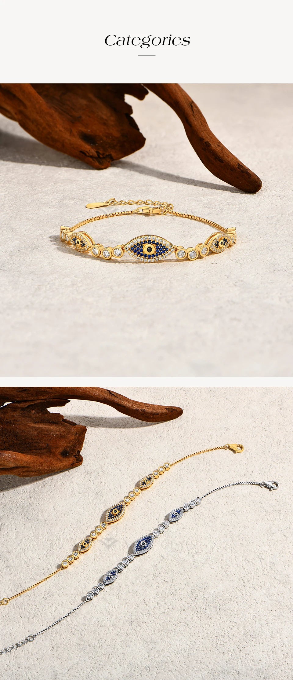 Evil eye bracelet with blue circular eye charm, gold-tone chain and clasp