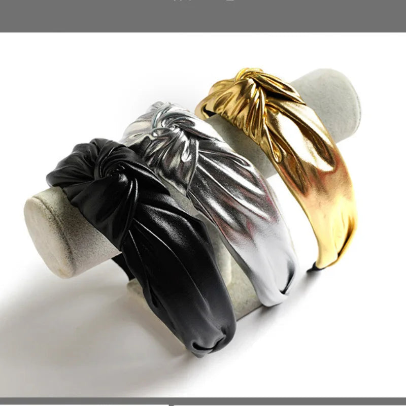 PU leather wide headband trio: black, silver, gold; twisted bow knot
