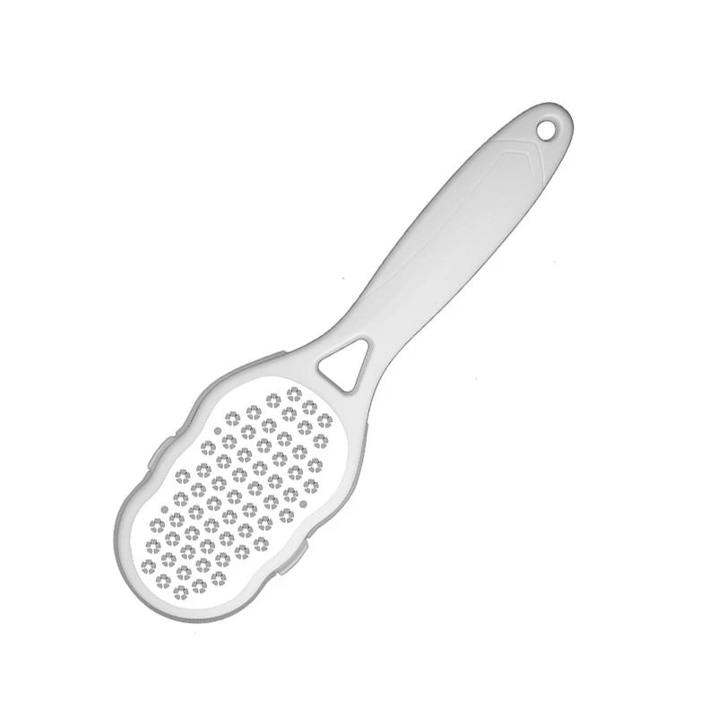 Double-sided foot file with white handle and perforated stainless-steel rubbing pad