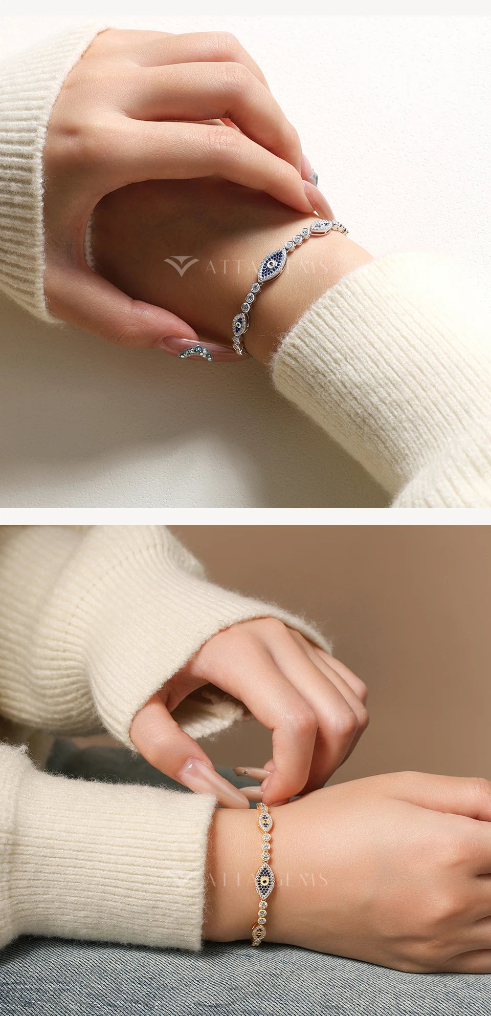 Evil eye bracelet on wrist with blue eye centerpiece and gold-tone chain
