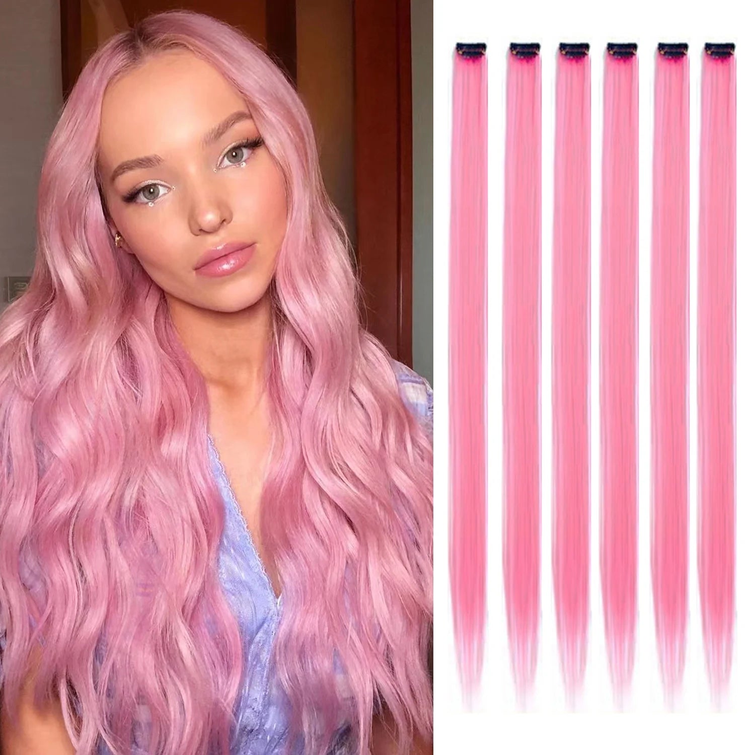 Clip-in synthetic hair highlights set with light pink-lavender strands and comb clips