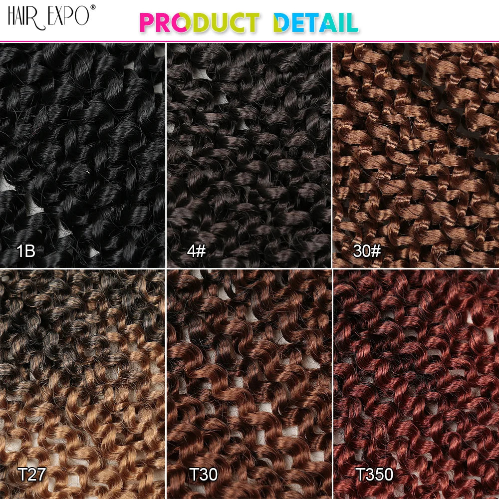 Crochet hair texture swatches with water-wave curl pattern in dark and ombre tones