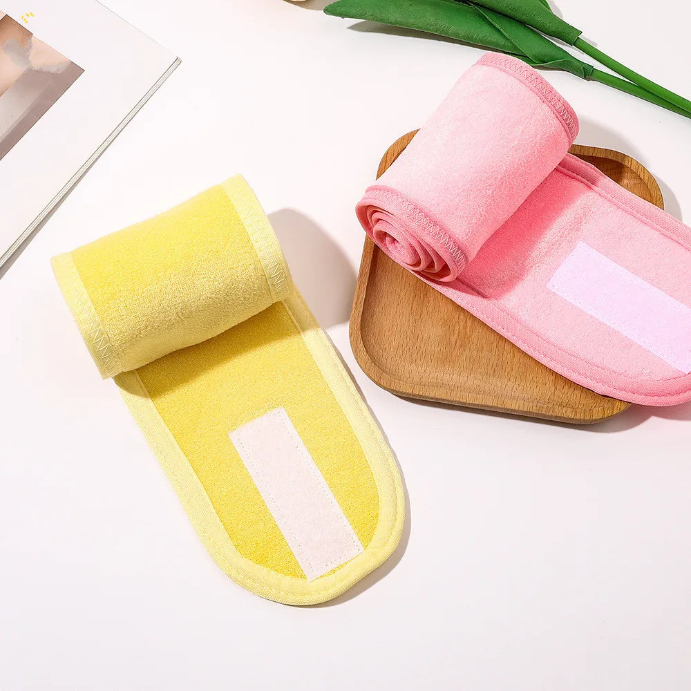 Face wash headbands, yellow and pink with white label