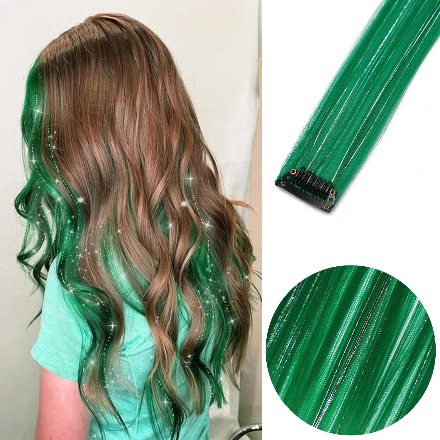 Synthetic clip-in hair highlights, 22-inch green streaks with black clip bases.