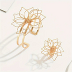 Gold-tone hollow flower bracelet cuff and ring, openwork blossom motif