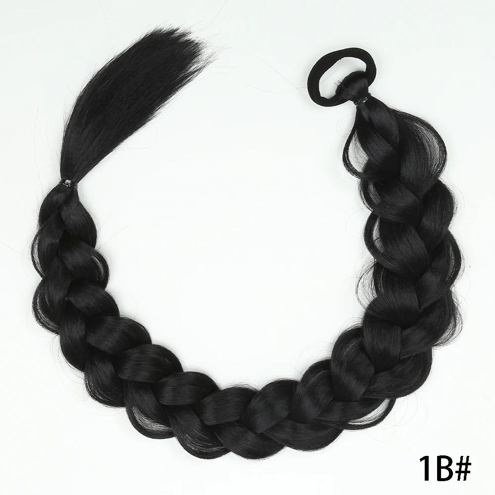 Black braided ponytail extension, long synthetic twist with looped top tie.
