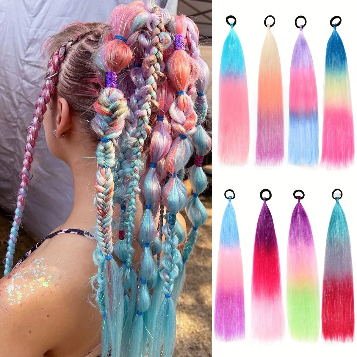 Ombre synthetic braid ponytail hair tinsel with long blue, pink, and purple strands and loop top