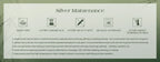Silver maintenance instructions card with icons for care and storage