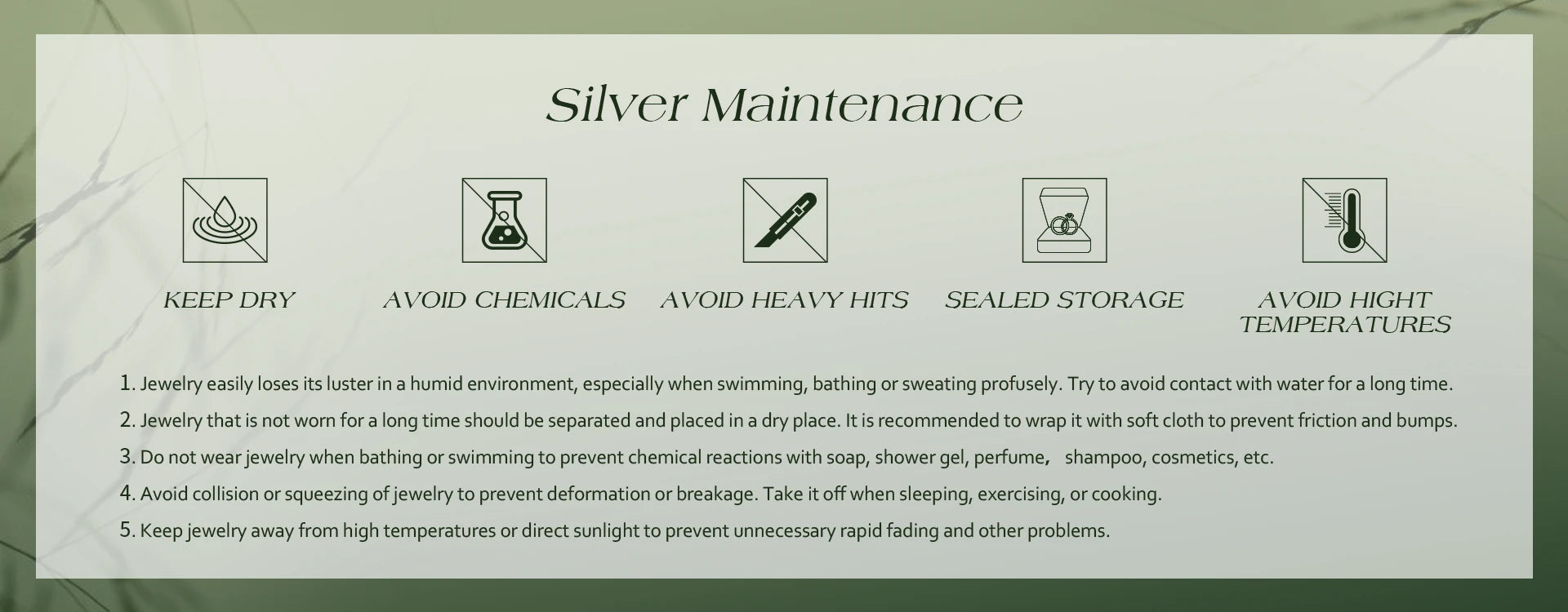 Silver maintenance instructions card with icons for care and storage