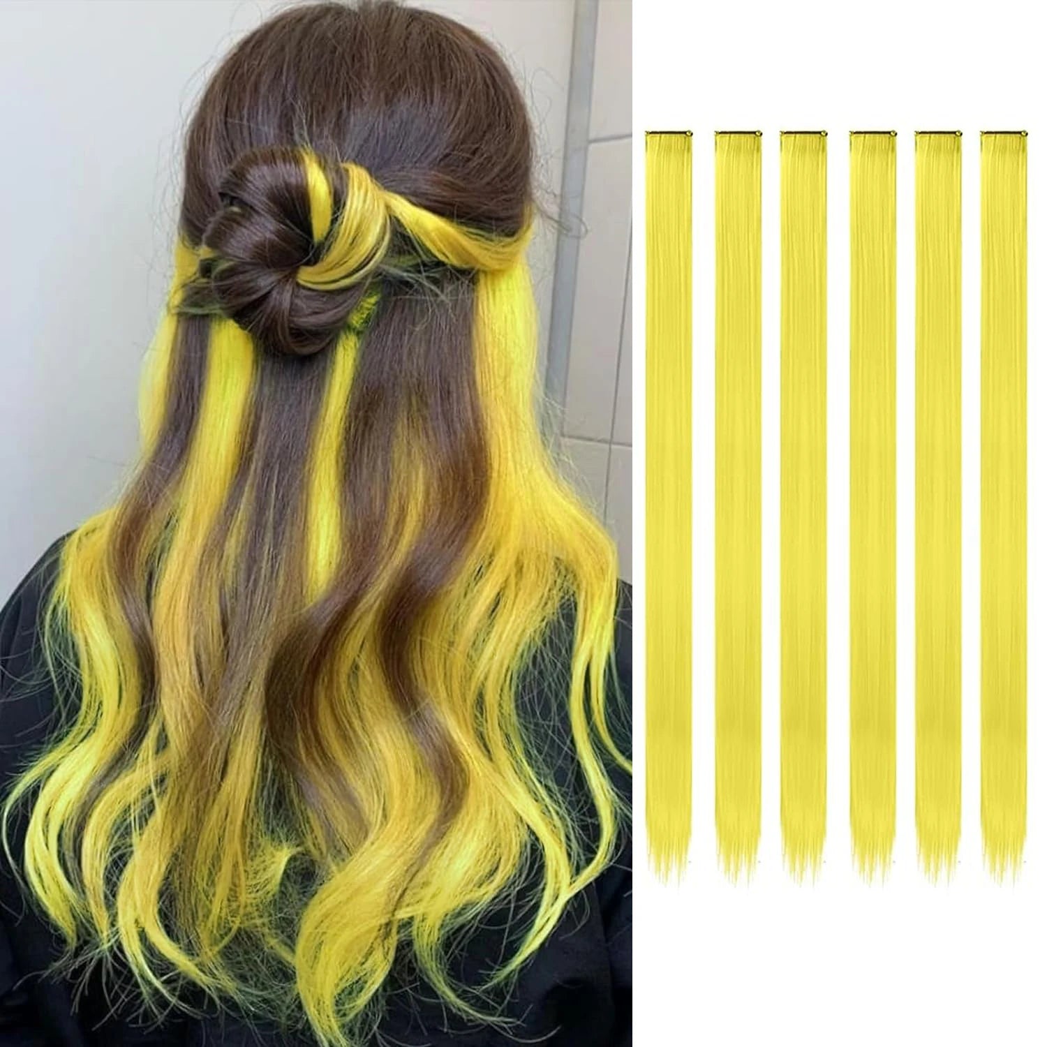 Synthetic clip-in hair highlights, 22-inch yellow streaks with black clip bases.