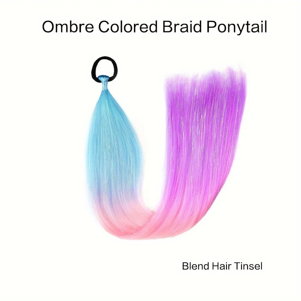 Ombre colored braid ponytail hair tinsel in light blue to pink, with black loop