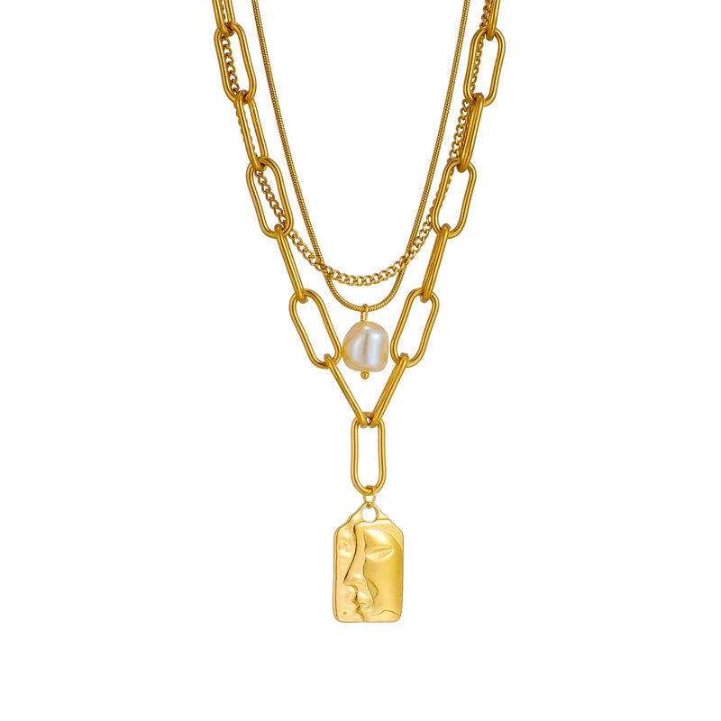 3-Layer Pearl Square Portrait Pendant Necklace — 316L Stainless Steel