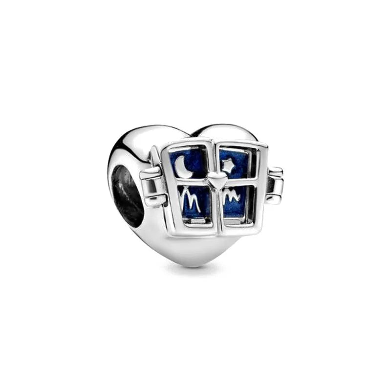 925 sterling silver heart charm bead with blue gemstone-style square accents