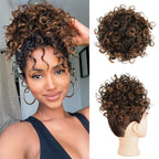 Synthetic loose-wave messy bun hair piece with drawstring, dark curly hair