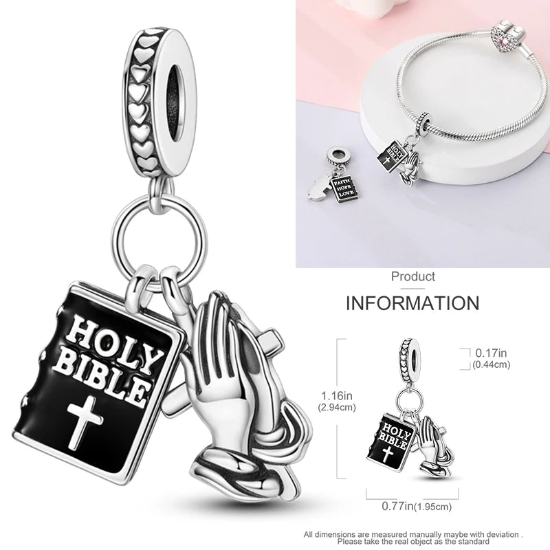 925 sterling silver charm bead with “HOLY BIBLE” book, cross, and praying hands