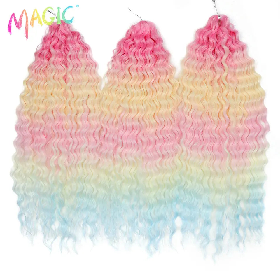 Synthetic water-wave crochet braids with pink-to-blue ombre wavy curls