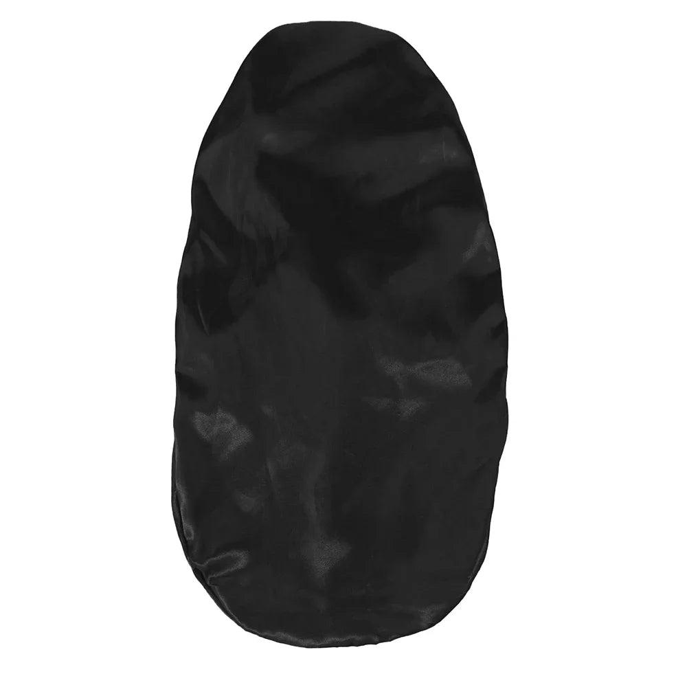 Black satin sleep bonnet, smooth back view with gathered crown