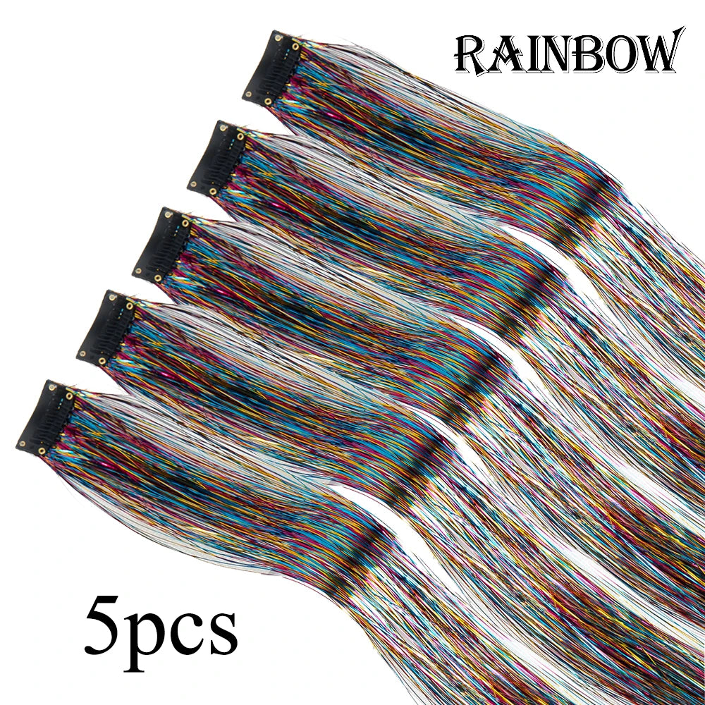 Glitter hair tinsel set, rainbow, 5 pieces with clip-on strands