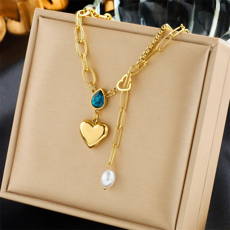Blue CZ Heart Pearl Lariat Necklace — Stainless Steel