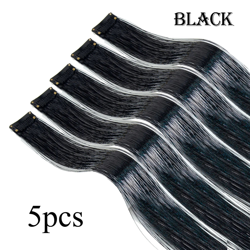 Glitter hair tinsel set, black, 5 pieces with clip-on strands