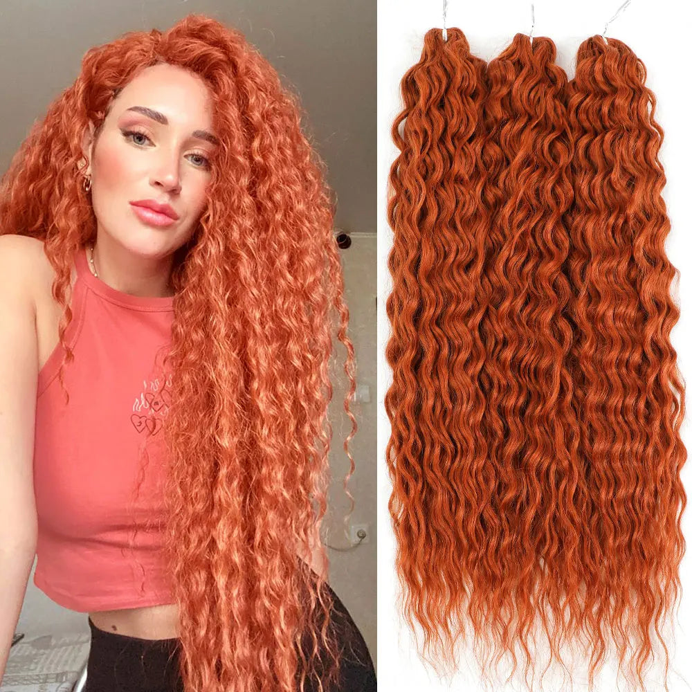 Curly hair extensions with bright copper-orange color and voluminous ringlets