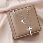 Silver double-layer cross pendant necklace in a gift box with two cross charms