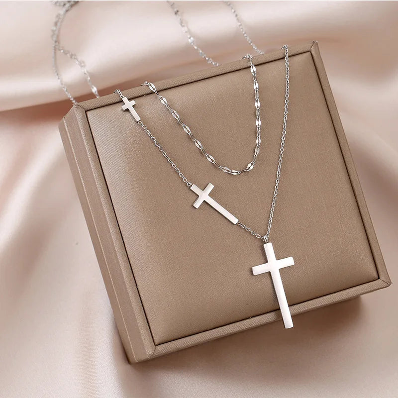 Silver double-layer cross pendant necklace in a gift box with two cross charms