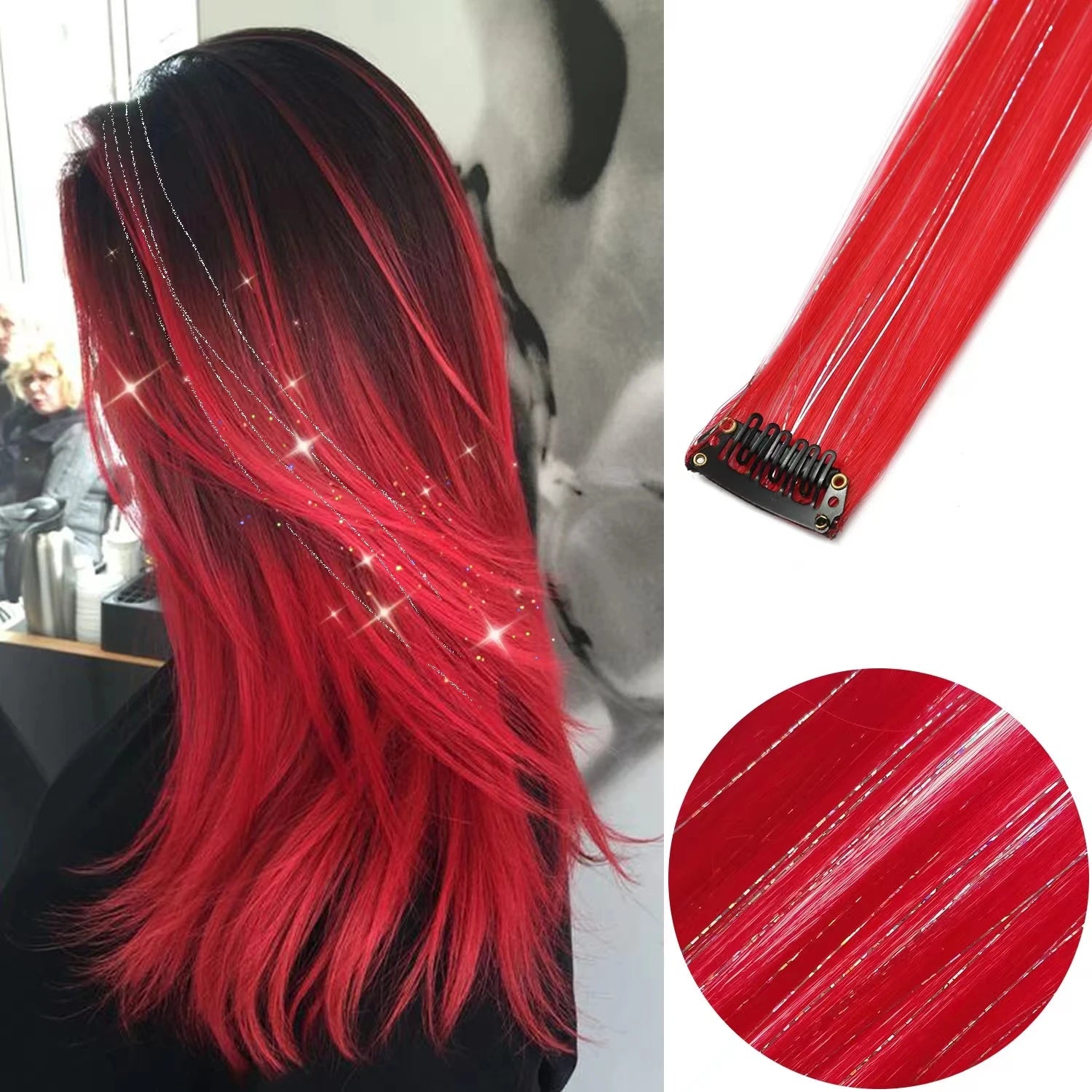 Synthetic clip-in hair highlights, 22-inch red strands with black clips and sparkly sheen.