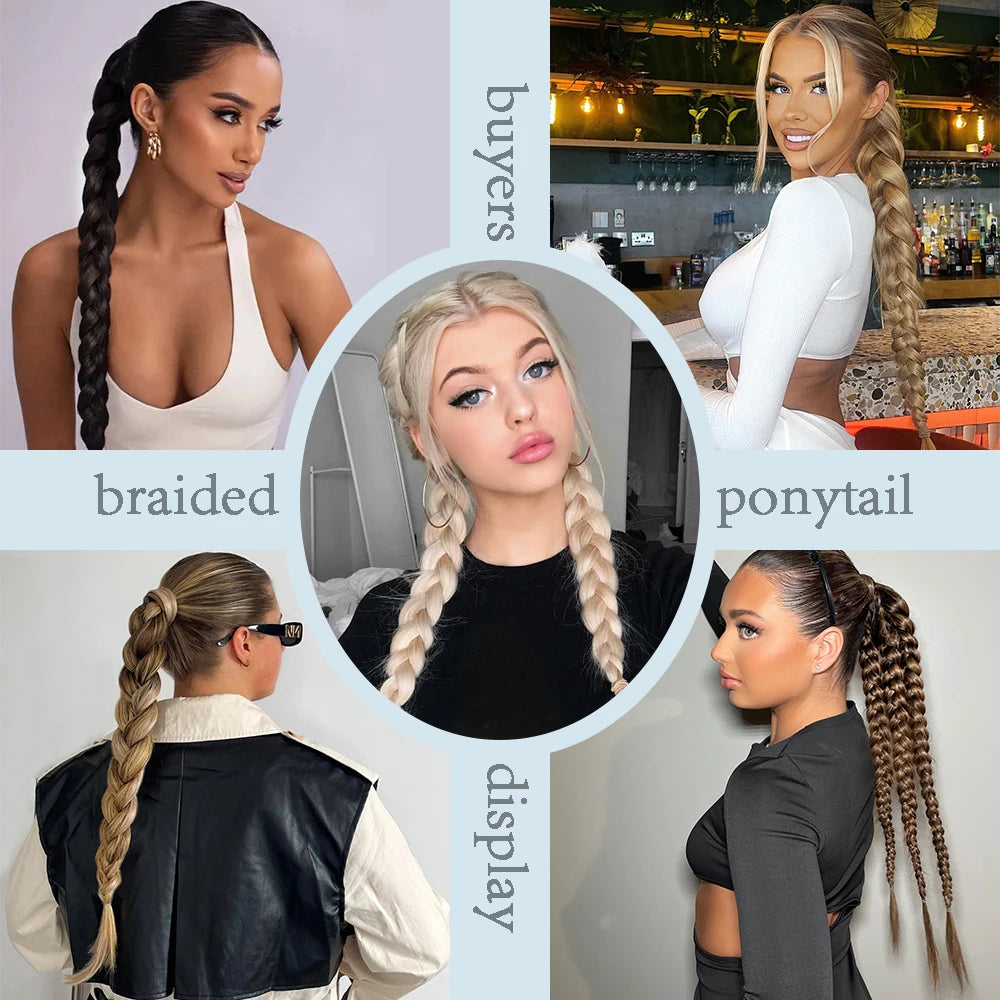 Braided ponytail extension styled on models, blonde and dark braid twists