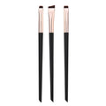 Eyeliner & eyebrow brush set with three brushes, black handles and rose-gold bristles