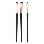 Eyeliner & eyebrow brush set with three brushes, black handles and rose-gold bristles