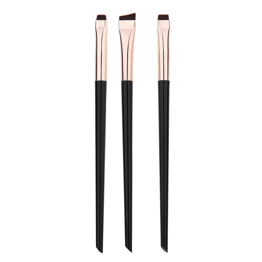 Eyeliner & eyebrow brush set with three brushes, black handles and rose-gold bristles