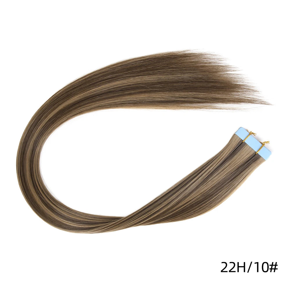 Synthetic straight tape-in hair extension strand with blue tape ends, color 22H/10#