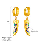 Gold hoop earrings with blue enamel curved horn-style charm drop