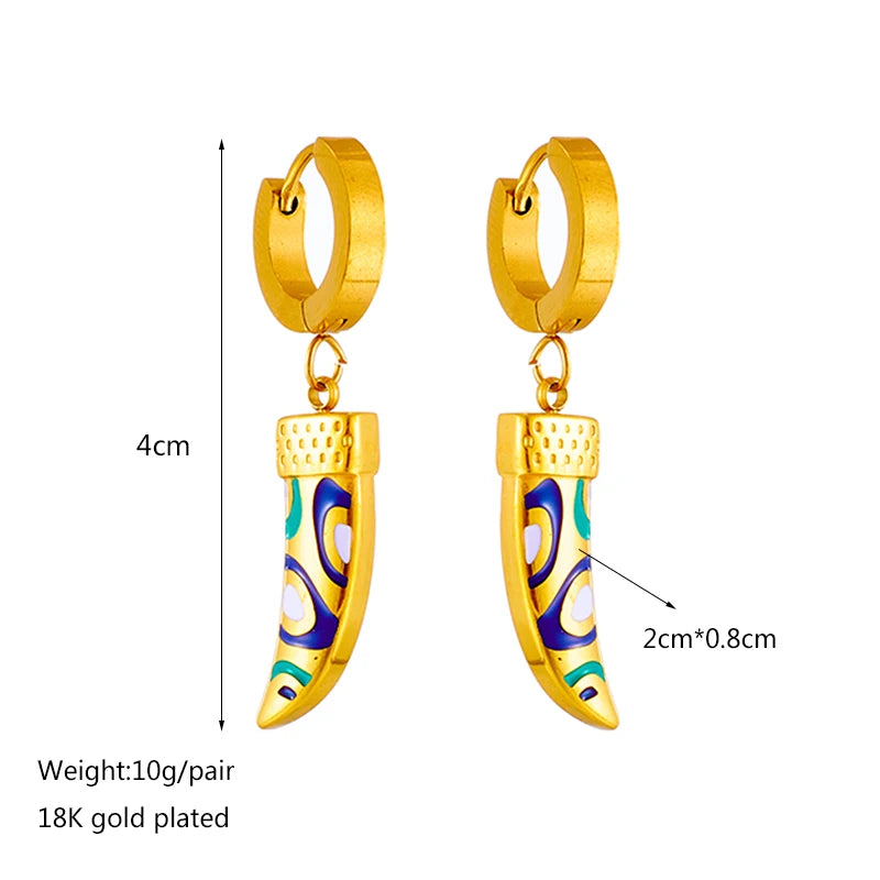 Gold hoop earrings with blue enamel curved horn-style charm drop