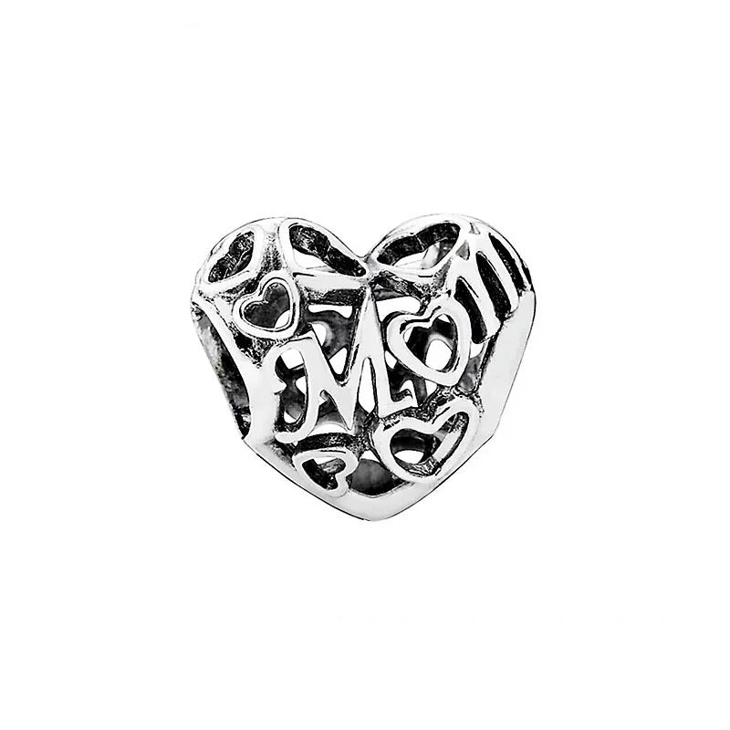 Sterling silver engraved heart charm bead with openworked design