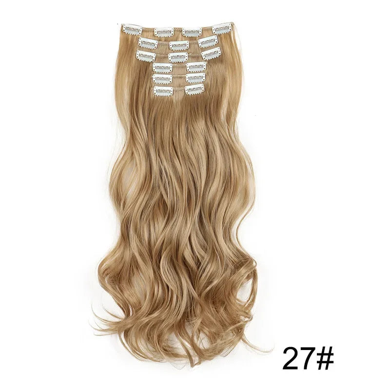 Full head clip-in hair extensions, long wavy blonde hair with comb clips, 27#