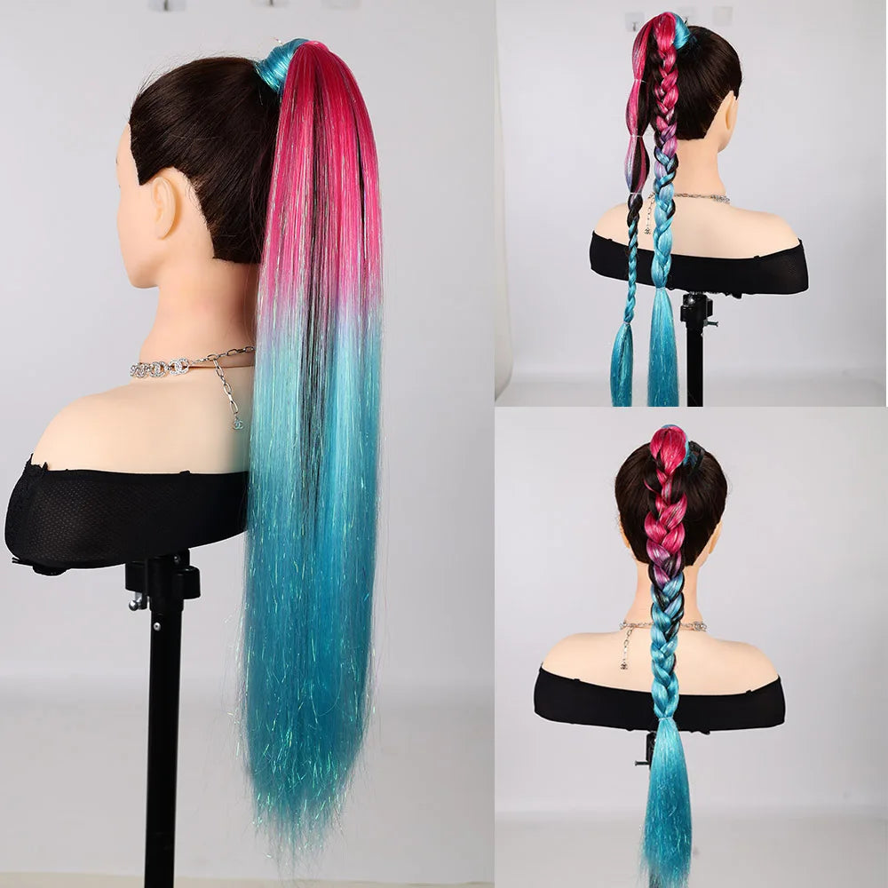 Ombre braid ponytail hair tinsel with long teal strand and red top, styled on back