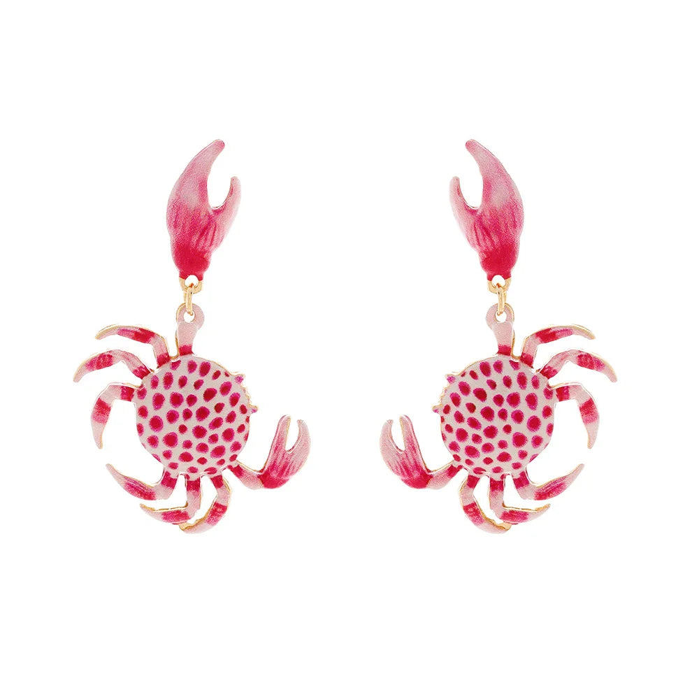 Enamel crab earrings, red spotted crab charms with pink claws and gold-tone hardware.