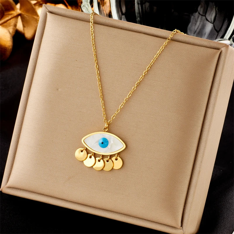 Eye pendant choker necklace, gold chain with blue evil-eye charm and hanging gold drops