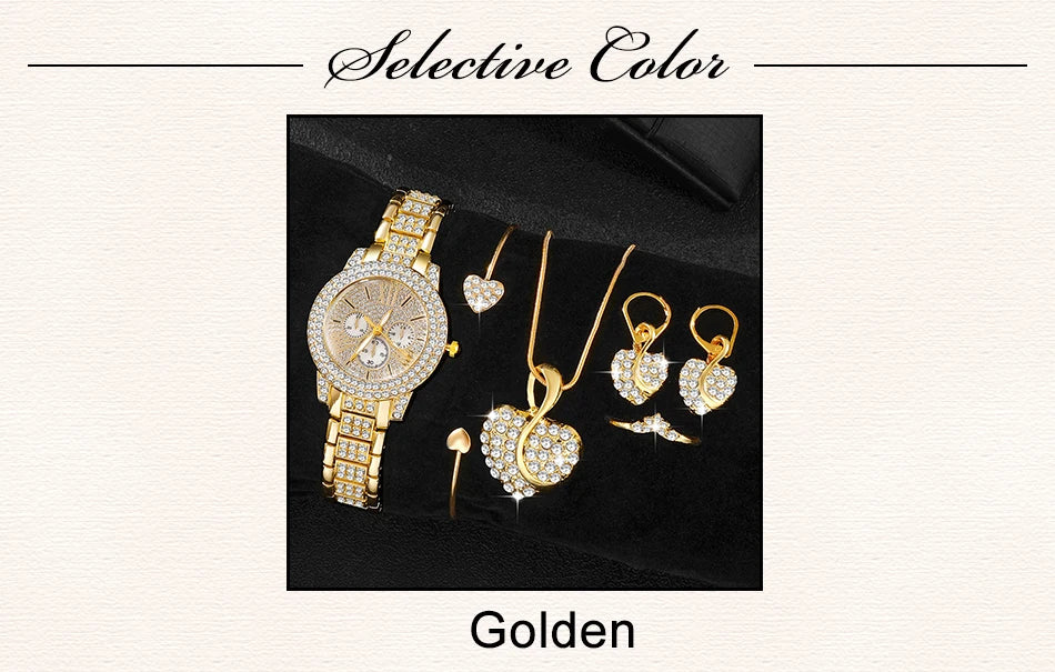 Gold-tone watch and matching crystal jewelry set with heart pendant and earrings