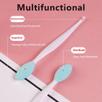 Two silicone facial cleaning brushes with teal oval bristle heads and white handles